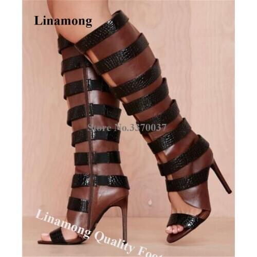 Linamong Open Toe Knee High Stiletto Heel Patchwork Gladiator Boots Cut-out Brown Leather Black Straps Long High Heel Boots