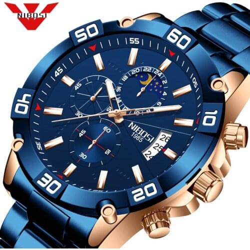 NIBOSI Fashion Mens Watches Waterproof Sport Quartz Style Blue Watch Men All Steel Big Dial Date Chronograph Clock Wristwatch