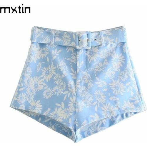 MXTIN 2021 Women Summer Fashion Floral Print Belted Shorts Vintage High Waist Zipper Female Casual Streetwear Short Pants Mujer