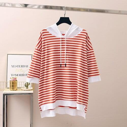 New Korean Fashion Large Size Women Hoodies Pullovers Striped Short Sleeve Printing Loose Hooded Sweatshirts Female Autumn W097