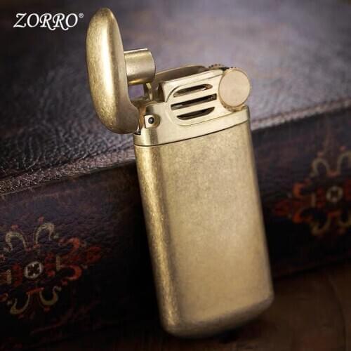 Original zorro brass kerosene lighter retro vintage mini portable grinding wheel windproof mens smoking gift