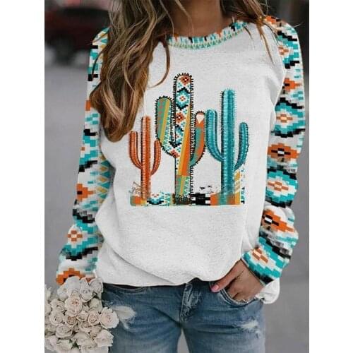 2021 Autumn Collection Women Clothing Tops Indie Folk Style Cactaceae Print O-Neck Sweatershirt