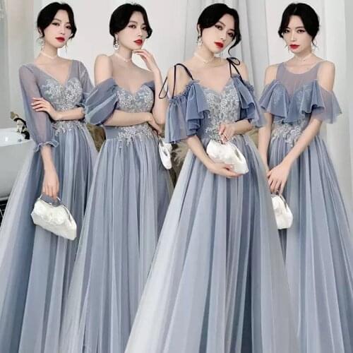 Bridesmaids Dresses O-Neck Embroidery Sequined Beading Short A-Line Floor-Length Off The Shoulder Women Wedding Party Gown E496