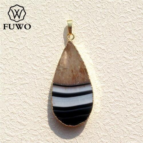 FUWO Natural Banded Agates Gem Stone Pendant 24K Electroplated High Quality Water Drop Shape Raw Crystal Jewelry Wholesale PD063