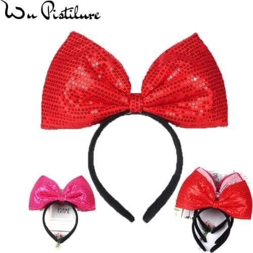 Mickey Big Ears Headband Bows Sequin Hairband Girls Hair Accessories Minnie Glitter Headwear Women Party Christmas Headband