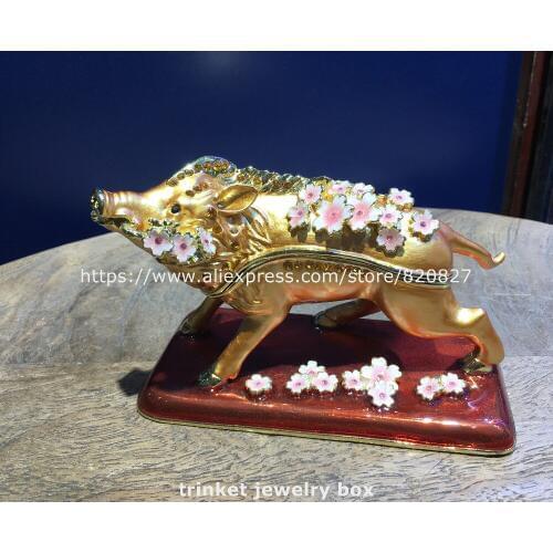 Lucky pig with flowers Trinket Box Hinged Hand-painted pig Figurine Collectible Ring Holder Gift Box Health Metal Pig Display