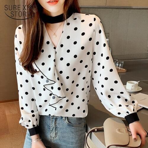 Polka Dot Print Chiffon Blouses Women Autumn 2020 Fashion Hollow Ruffles Women Long Sleeve Shirts Womens Tops and Blouses 10700