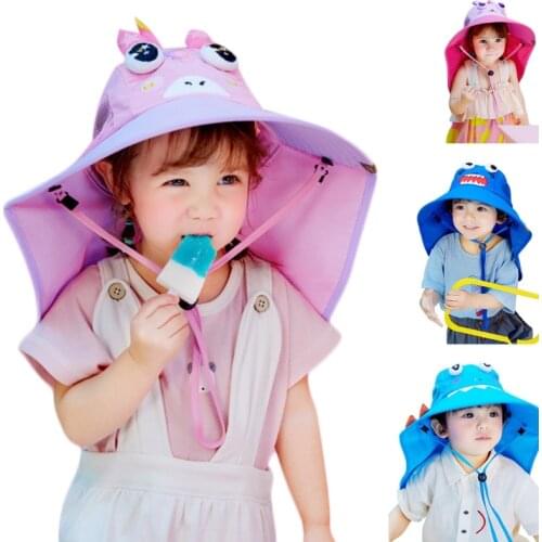 Kids UPF 50+ Sun Protection Bucket Hat with Neck Flap Cute Cartoon Animal Wide Brim Summer Mesh Vent Foldable Beach Cap