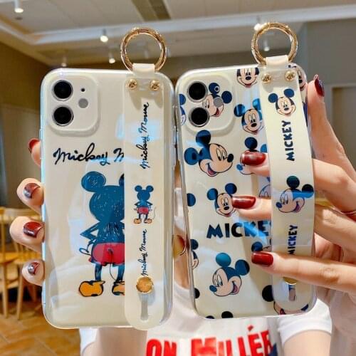 Disney Mickey Minnie Blu-ray Wrist Strap Soft Case for iPhone 12 11 Pro Max XR XS Max 7 8 Plus X SE Full Body Phone Back Cover