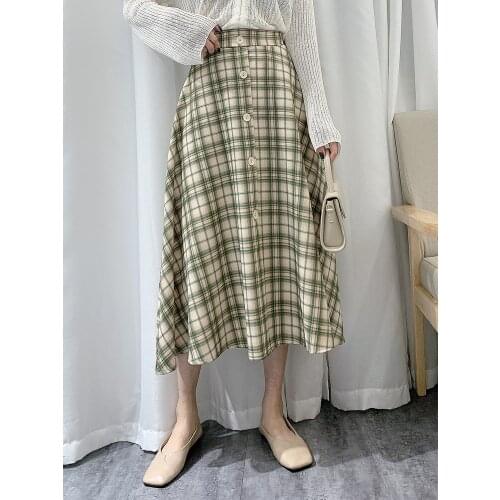 Plaid Skirts 2021 Autumn High Waist A Line Color Block Buttons Thick Cotton Long Skirt Temperament Women Casual Falda Lattice