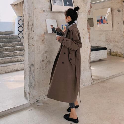 Chocolate Color Windbreaker Womens Mid-length 2020 Spring and Autumn Jacket New Korean Style Loose Temperament Long Coat y324