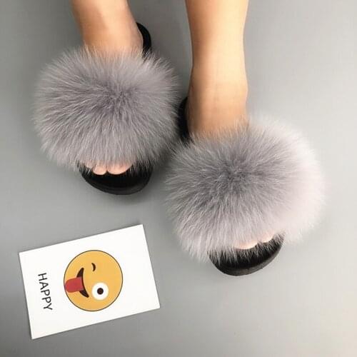 Ladies Fur Slippers Real Fox Fur Fluffy Cute Flip-Flops Summer Plush Plush Home Outdoor Non-slip Wear-resistant Flat Sandals