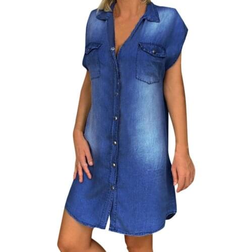 Fashion Women Dress Button Elegant Turn Down Collar Single-breasted Pockets Knee-length Casual Denim Dress Vestidos платье