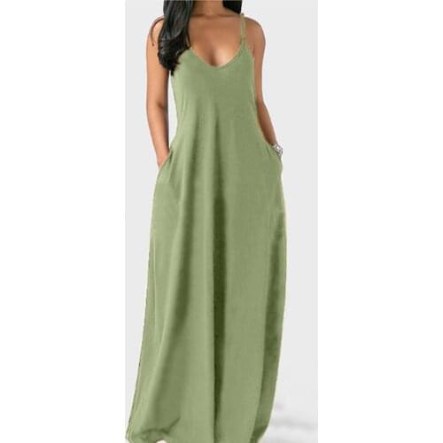 Women Sling Dress Fashion Sexy Plus Size Solid Color Sleeveless Femme Robe Pockets Camisole Long Sundress Vestido Verano Mujer