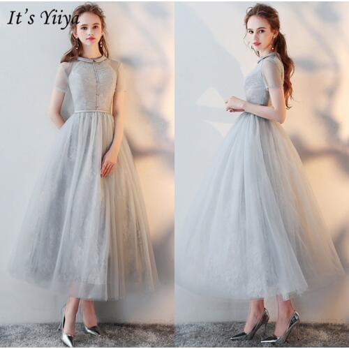 Its YiiYa Evening Dress 2019 Gray Fashion O-Neck Short Sleeve Formal Dresses Lace Zipper Women Party Night Robe de soiree LX430