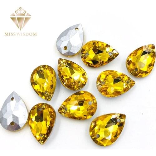10X14/13X18mm water drop Gold yellow glass crystal pointback Double hole sew on rhinestones Diy dress wedding accessories