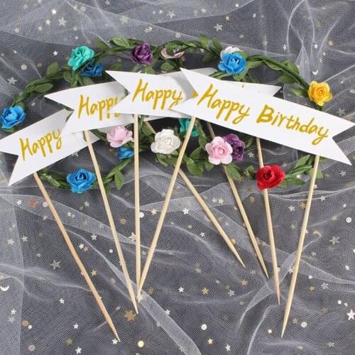 Gold Happy Birthday Cake Topper Green Plant Flower Cupcake Topper Flags For Birthday Party Cake Decorations Supplies Baby Shower