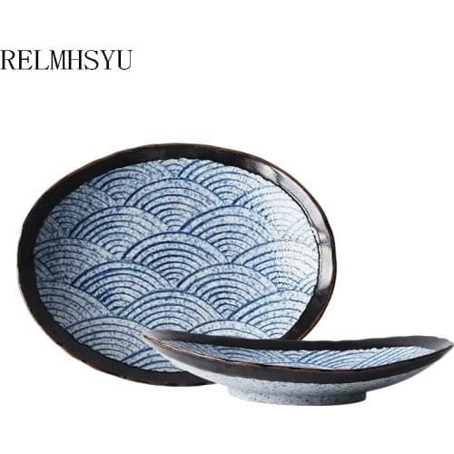 1PC RELMHSYU Japanese Style Sea Ripple Underglaze Ceramic Breakfast Sushi Vegetable Fruit Cooking Dinner Plate Tableware