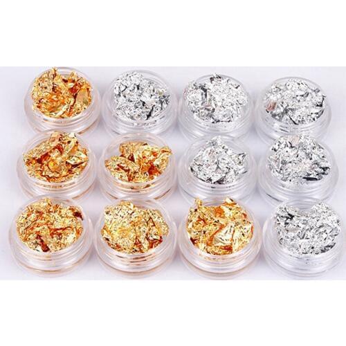 12 Pot Nail Art Gold & Silver Foils Tip Decoration Paillette Flake Glitter Decor UV gel nail decoration Tool Free shipping