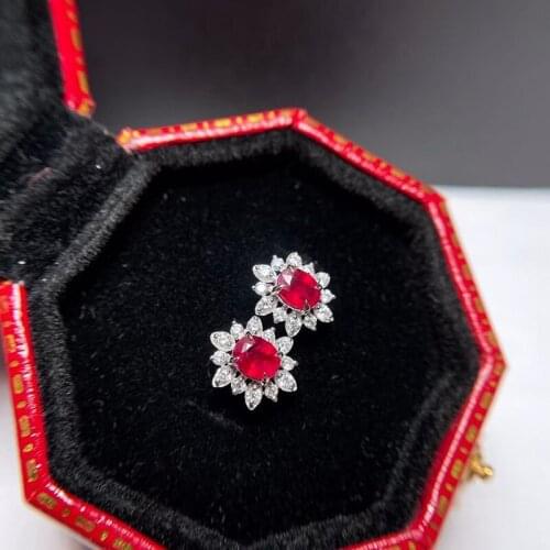 18K Gold Ruby Pigeon Blood Earrings For Women Fashion Sapphire Simple Geometry Stud Earrings Wedding Female 2021 Jewelry