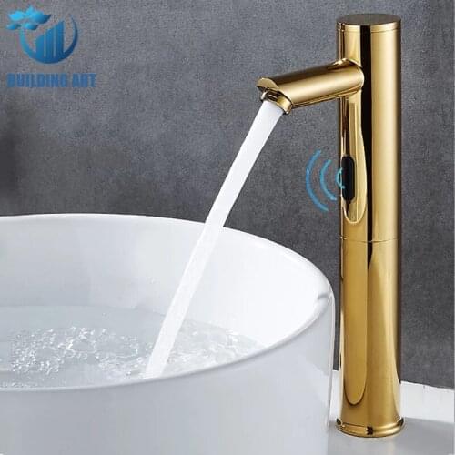 31.2cm Brass Golden/Black Smart Sensor Bathroom Basin Faucet Automatic Sensor Faucet Hot Cold Water Mixer Crane Bathroom Faucet