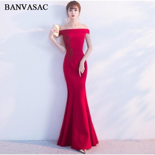 BANVASAC 2018 Boat Neck Lace Flowers Appliques Split Mermaid Long Evening Dresses Party Short Sleeve Backless Prom Gowns
