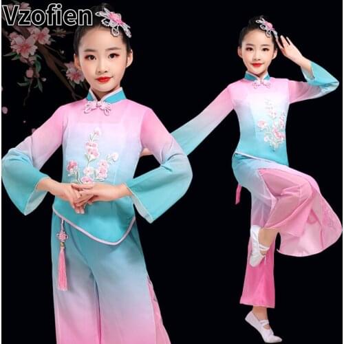Childrens Yangko Elegant Folk Dance Costumes Chinese Style Classical Umbrella Fan Dance Clothes Ancient Ballroom Stage Outfit