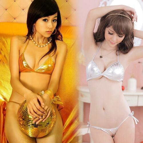 Fantasy sexy Wet Look Triangle Bra sets lingerie erotic adjustable G-String underwear stretchy nightwear for women Bikini appeal