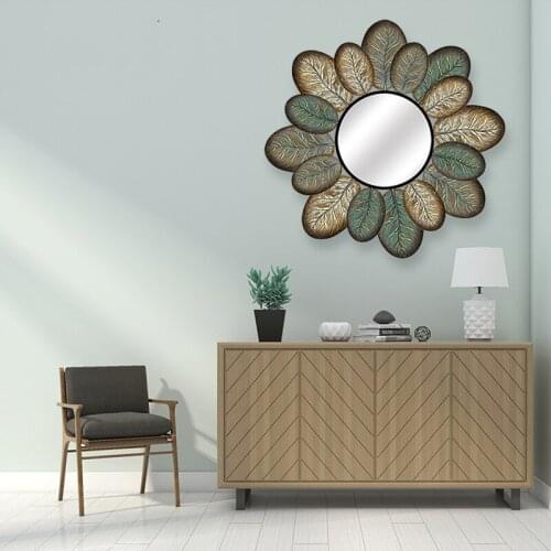 European Wrought Iron Decorative Mirror 3D Flower Wall Hanging Crafts Hotel Porch Wall Mural Ornaments Home Wall Sticker Decor