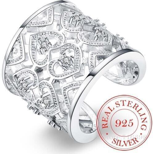 New Popular 925 Sterling Silver Jewelry Fine Big Wide Fresh Fashion Simple Heart-shaped Love Hollow Open Hole Finger Thumb Rings