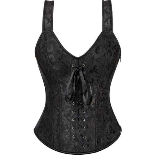 Women Gothic Satin Jacquard Shoulder Strap V-Neck Sexy Overbust Corset Waist Trainer Corset Top S-6XL