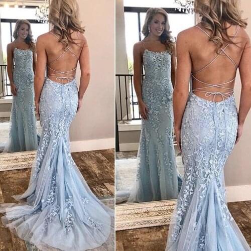 Lace prom dresses 2021 sweetheart neckline lace appliques mermaid light blue long evening dresses