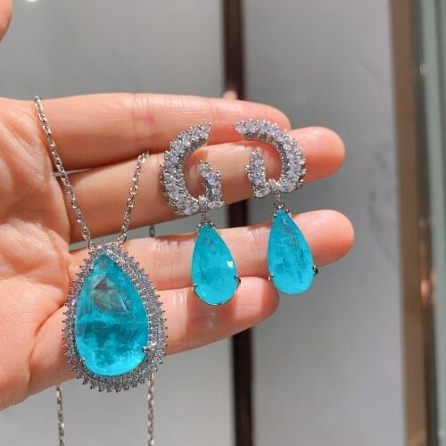 QTT Fashion Water Drop Pendant Necklace Unusual Earrings 925 Sterling Silver Jewelry Set Paraiba Tourmaline Gemstone