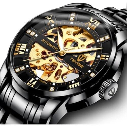 TEVISE Top Brand Luxury Automatic Mechanical Watches Stainless Steel Hollow Wristwatch Luminous Display Waterproof Men Watch