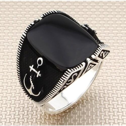 Vintage Oxidized Rectangle Black Onyx Stone Men Silver Ring With Anchor Motif Made in Turkey Solid 925 Sterling Silver