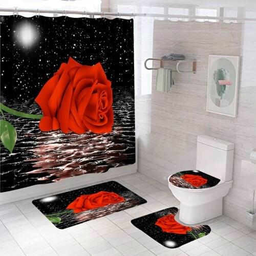 Bathroom Decor Waterproof Shower Curtain Set Toilet Seat Cover Non-Slip Bath Mat Rug Carpet Polyester Fabric Washable