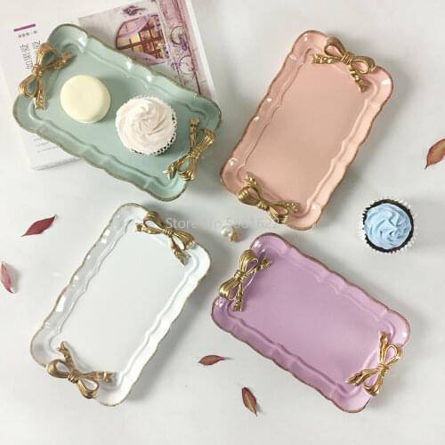 Nordic Creative Home Resin Cake Plate Dessert Dishes Butterfly Knot Household Goods Craft Gift Storage Tray Pink Plates Dinner