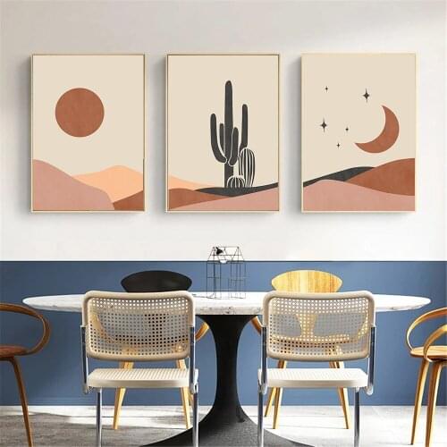 Boho Landscape Canvas Painting Abstract Sun Moon Star Poster Cactus Art Print Mountain Modern Pictures Living Room Home Decor