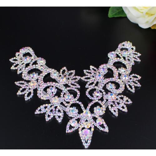 Luxury Handmade Neckline AB Rhinestone Applique Fancy Clothes Flower Applique for Wedding Dress Headband Garter Garment Jewelry