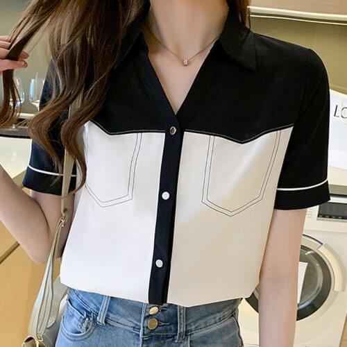 LJSXLS Vintage Contrast Color Patchwork Shirts Casual Chiffon Women Blouse 2021 Chemisier Femme Button Summer Tops Woman Clothes