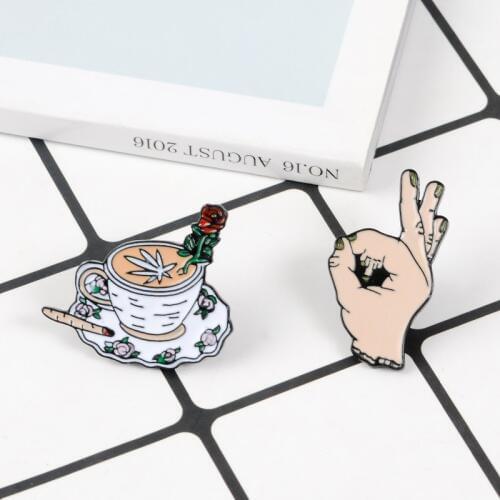 Hand and Coffee Cup Enamel Pin Brooch Ok with FY Hand Gesture Badge Brooch set Pins Funny Life Brooches For Women Men Jewelry