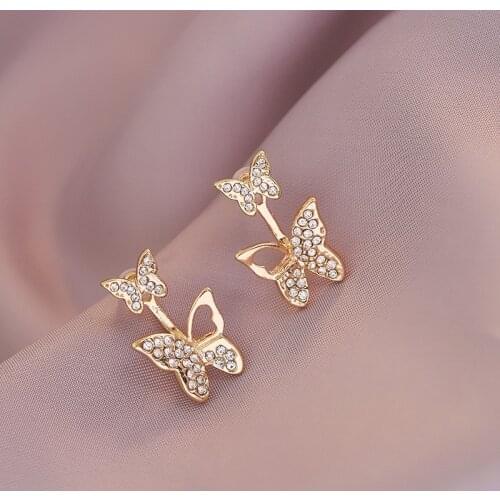 Fashion Elegant Crystal Butterfly Earrings Simple Cute Korean Female Lady Small Stud Earrings Hyperbole Vintage Earrings