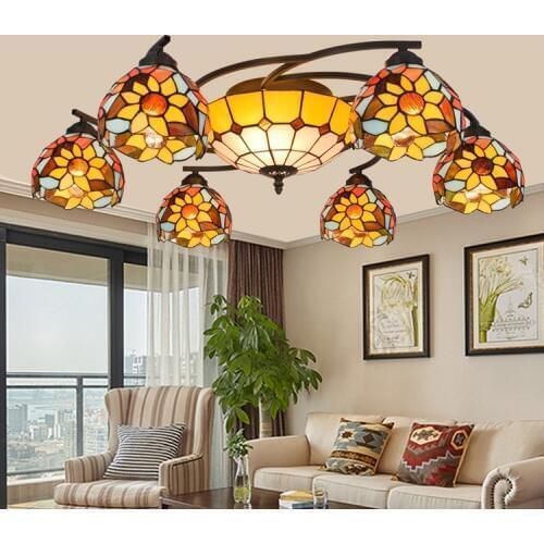 Tiffany sunflower Stained Glass Suspended Luminaire E27 110-240V Chain Pendant lights for Home Parlor Dining Room