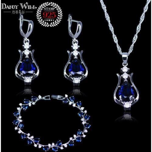 Trendy Water Drop Blue Cubic Zirconia White CZ silver color Jewelry Sets For Women Drop Earrings/Pendants/Necklace/Bracelet