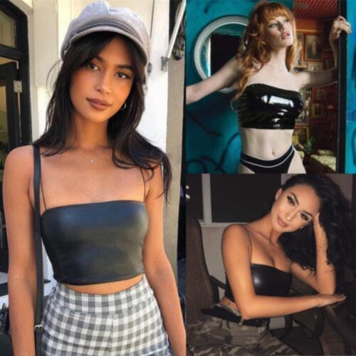 2018 Womens Sexy Club PU Leather Tube Tops Camisole Solid Sleeveless Crop Tank Tops