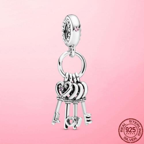 925 Sterling Silver Beads Love Heart Key Dangle Charm Pendant Fit Original Pandora Bracelet Silver Gift Fine Jewelry DIY Jewelry