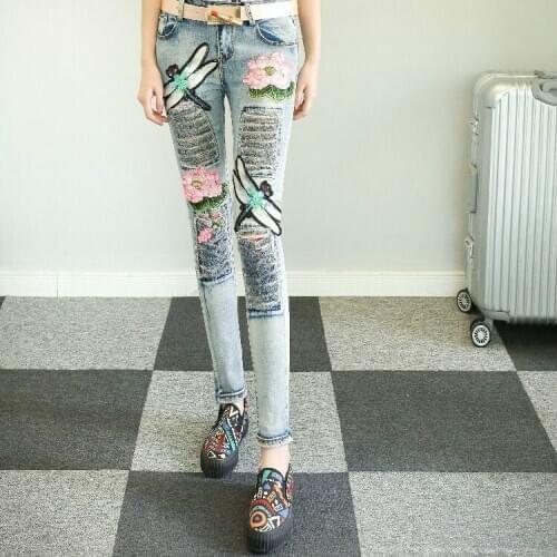2020 New Spring Autumn Women Washed Lotus Pattern Embroidery Denim Trousers Office Lady Chic Slim Pencil Jeans Pants N106
