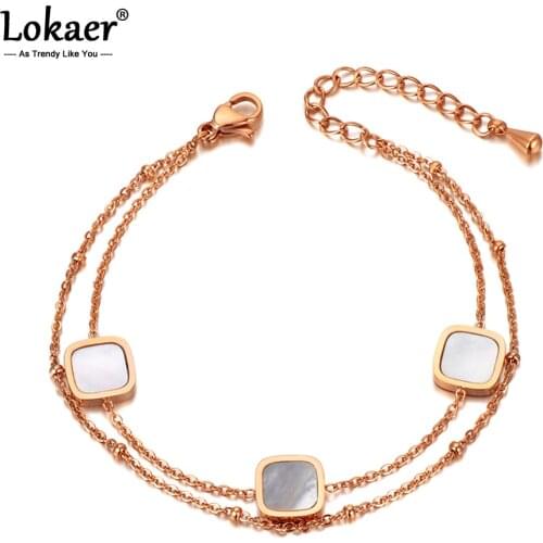 Lokaer Fashion Double Layer Stainless Steel Acrylic & Shell Charm Bracelets For Women Girls Bohemia Beach Chain Bracelet B20040