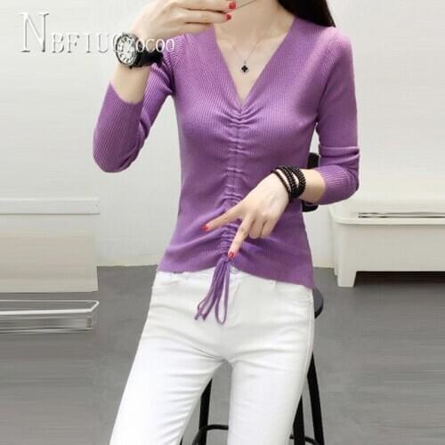 2020 Autumn New Drawstring Expose Navel Women Sweater V Neck Knitting Female Sweaters