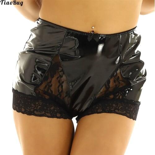TiaoBug Womens Wetlook Patent Leather Lingerie High Waist Front Lace Panel Full Coverage Panty Boy Shorts Underwear